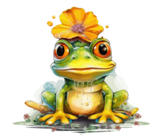 Adorable Baby Frog with Flowers Watercolor. png