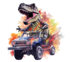 t-rex equitazione su camion , cartone animato dinosauro personaggi guida . ai generato png