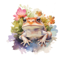 adorable bébé grenouille avec fleurs aquarelle. génératif ai png