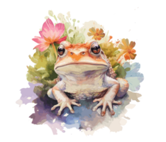 Adorable Baby Frog with Flowers Watercolor. png