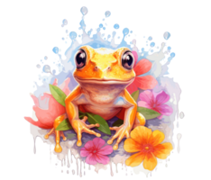 adorable bébé grenouille avec fleurs aquarelle. génératif ai png