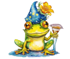 adorable bébé grenouille avec fleurs aquarelle. génératif ai png