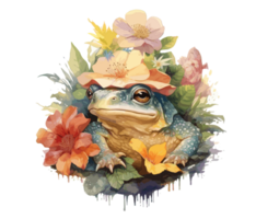 Adorable Baby Frog with Flowers Watercolor. png