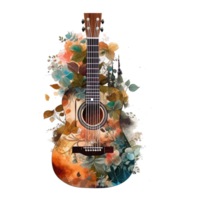 watercolor classical guitar Flowers clinging to the guitar . png