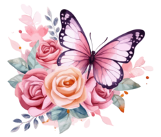 Watercolor colorful butterfly and flower . png