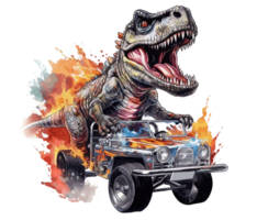 t-rex équitation sur un camion , dessin animé dinosaure personnages conduite . ai généré png