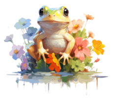 adorable bébé grenouille avec fleurs aquarelle. génératif ai png