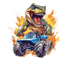 t-rex equitação em caminhão , desenho animado dinossauro personagens dirigindo . ai gerado png