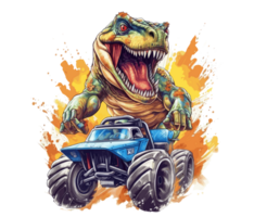 t-rex equitazione su camion , cartone animato dinosauro personaggi guida . ai generato png