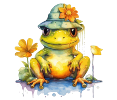 adorable bébé grenouille avec fleurs aquarelle. génératif ai png