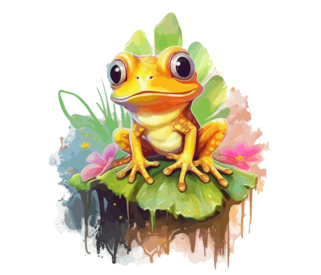 Adorable Baby Frog with Flowers Watercolor Illustration Stock Illustration