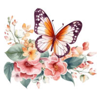 Watercolor butterfly and bouquets spring flowers . png