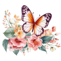 aquarelle papillon et bouquets printemps fleurs . ai généré png