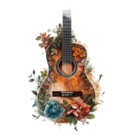 watercolor classical guitar Flowers clinging to the guitar . png