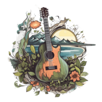 watercolor classical guitar Flowers clinging to the guitar . png