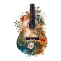 watercolor classical guitar Flowers clinging to the guitar . png