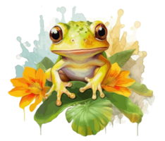 Adorable Baby Frog with Flowers Watercolor. png