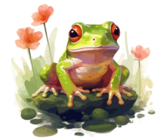 Adorable Baby Frog with Flowers Watercolor. png