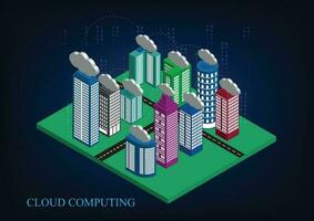 el isométrica plano 3d ciudad con rascacielos y nubes concepto red tecnología nube informática datos almacenamiento vector ilustrador