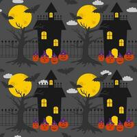 Halloween seamless pattern with haunting house, pumpkin characters, bats in cartoon style. Vector seamless pattern with haunting houses, trees, jack o lantern for print, fabric and wallpaper