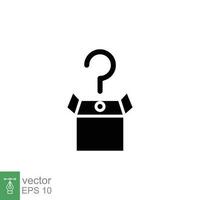 Mystery box icon. Simple solid style. Random box with question mark, riddle, secret, gift concept. Black silhouette, glyph symbol. Vector symbol illustration isolated on white background. EPS 10.