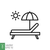 Sunbed icon. Simple outline style. Resort, beach, chair, umbrella, deck, lounger, summer concept. Thin line symbol. Vector symbol illustration isolated on white background. EPS 10.