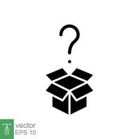 Mystery box icon. Simple solid style. Random box with question mark, riddle, secret, gift concept. Black silhouette, glyph symbol. Vector symbol illustration isolated on white background. EPS 10.