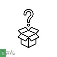 misterio caja icono. sencillo contorno estilo. aleatorio caja caja de cartón con pregunta marca, enigma, secreto, regalo concepto. Delgado línea símbolo. vector símbolo ilustración aislado en blanco antecedentes. eps 10