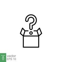 Mystery box icon. Simple outline style. Random box carton with question mark, riddle, secret, gift concept. Thin line symbol. Vector symbol illustration isolated on white background. EPS 10.