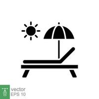 Sunbed icon. Simple solid style. Resort, beach, chair, umbrella, deck, lounger, summer concept. Black silhouette, glyph symbol. Vector symbol illustration isolated on white background. EPS 10.