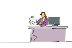 Continuous one line drawing smiling banking clerk showing bank credit, loan contract or mortgage agreement sitting at desk with computer. Businesswoman lender. Single line draw design vector graphic