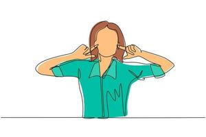 Single one line drawing woman covering ears with fingers with annoyed expression for noise of loud sound or music while eyes closed standing in white background. Continuous line draw design vector