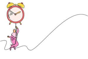 Continuous one line drawing Arabian businesswoman, manager or employee flying with big balloon alarm clock and hold rope. Time management business metaphor. Single line draw design vector illustration