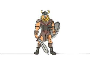 Single continuous line drawing man warrior viking in horned helmet holding sword and shield. Cartoon character male with weapon standing in belligerent pose. One line draw design vector illustration