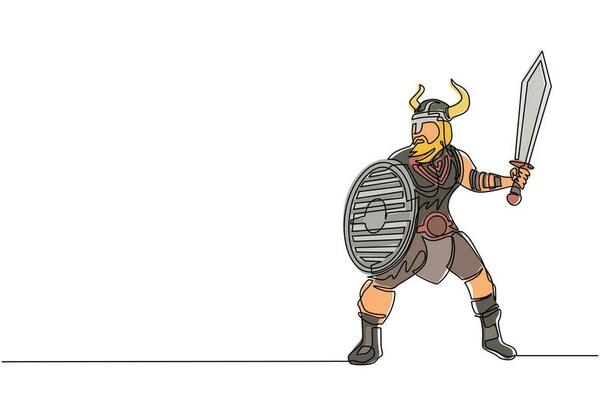 Continuous one line drawing big strong muscular orange warrior viking with sword and shield furiously attacks. Viking in horned helmet holding sword and shield. Single line draw design vector graphic