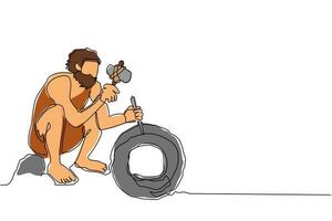 Continuous one line drawing prehistoric primitive people isometric composition with ancient human character trundling wheel made of stone. Caveman inventing the wheel. Single line draw design vector