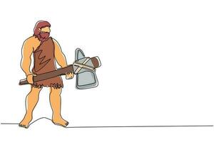 Continuous one line drawing primitive archaic man wearing clothes made of animal skin and holding big stone axe. Early human, caveman, warrior or hunter from stone age. Single line draw design vector