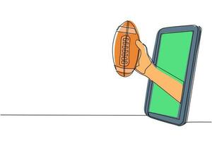 Continuous one line drawing player hand holds american football ball through mobile phone. Smartphone with app american football. Mobile sports stream championship. Single line draw design vector