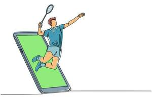 Single one line drawing man badminton player jump hit shuttlecock getting out of smartphone screen. Online badminton game with live mobile app. Continuous line draw design graphic vector illustration