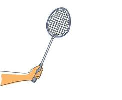 Single continuous line drawing player hand holding badminton racket. Sport equipment. Vintage badminton racquets. Sporting goods for championship. One line draw graphic design vector illustration