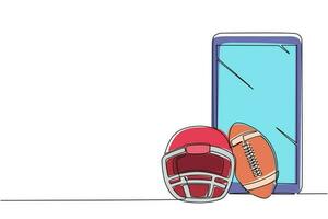 Single continuous line drawing American football helmet and ball with smartphone. Mobile sports play matches. Online American football game with live mobile app. One line draw graphic design vector