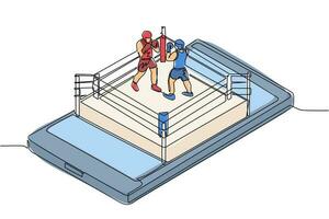 Single continuous line drawing boxing ring with two boxers on smartphone screen. Professional sports competition, boxing fight duel during match, mobile app. One line draw design vector illustration