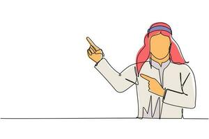 Single continuous line drawing Arab man pointing away hands together and showing or presenting something while standing and smiling. Emotion and body language. One line draw design vector illustration