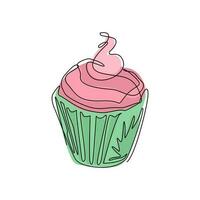 Continuous one line drawing cupcake with cream and cherry logo. Hand drawing art dessert theme with muffin and red cherry for logo isolated. Minimalistic poster. Single line draw design vector graphic