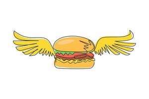 Single one line drawing burger with wings icon. Flat doodle hand drawn isolated. cheeseburger, hamburger, fast food creative concept. Modern continuous line draw design graphic vector illustration