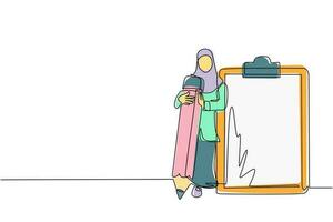 dibujo continuo de una línea mujer de negocios árabe sosteniendo un lápiz gigante mirando la lista de verificación completa en el portapapeles. planificación diaria eficaz, gestión del tiempo. ilustración de vector de diseño de dibujo de una sola línea
