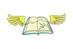 Continuous one line drawing flying book with wings. Winged book icon. Magic fairy tale reading logo. Imagination and inspiration picture. Fantasy. Creative kids. Single line draw design vector graphic