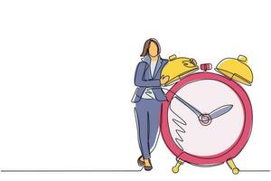 Single continuous line drawing businesswoman, manager or employee stand and hugging big clock. Concept of time management. Time, watch, time to work. One line draw graphic design vector illustration