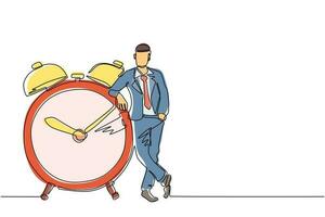 un solo hombre de negocios, gerente o empleado de dibujo de una línea se inclina hacia un gran reloj. concepto de gestión del tiempo. tiempo, reloj, oferta limitada, símbolo de fecha límite. vector gráfico de diseño de dibujo de línea continua