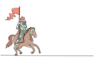 dibujo de una sola línea continua caballero medieval a caballo con bandera. caballero montado en armadura montando a caballo a caballo sosteniendo la bandera. luchador antiguo. vector de diseño gráfico de dibujo dinámico de una línea